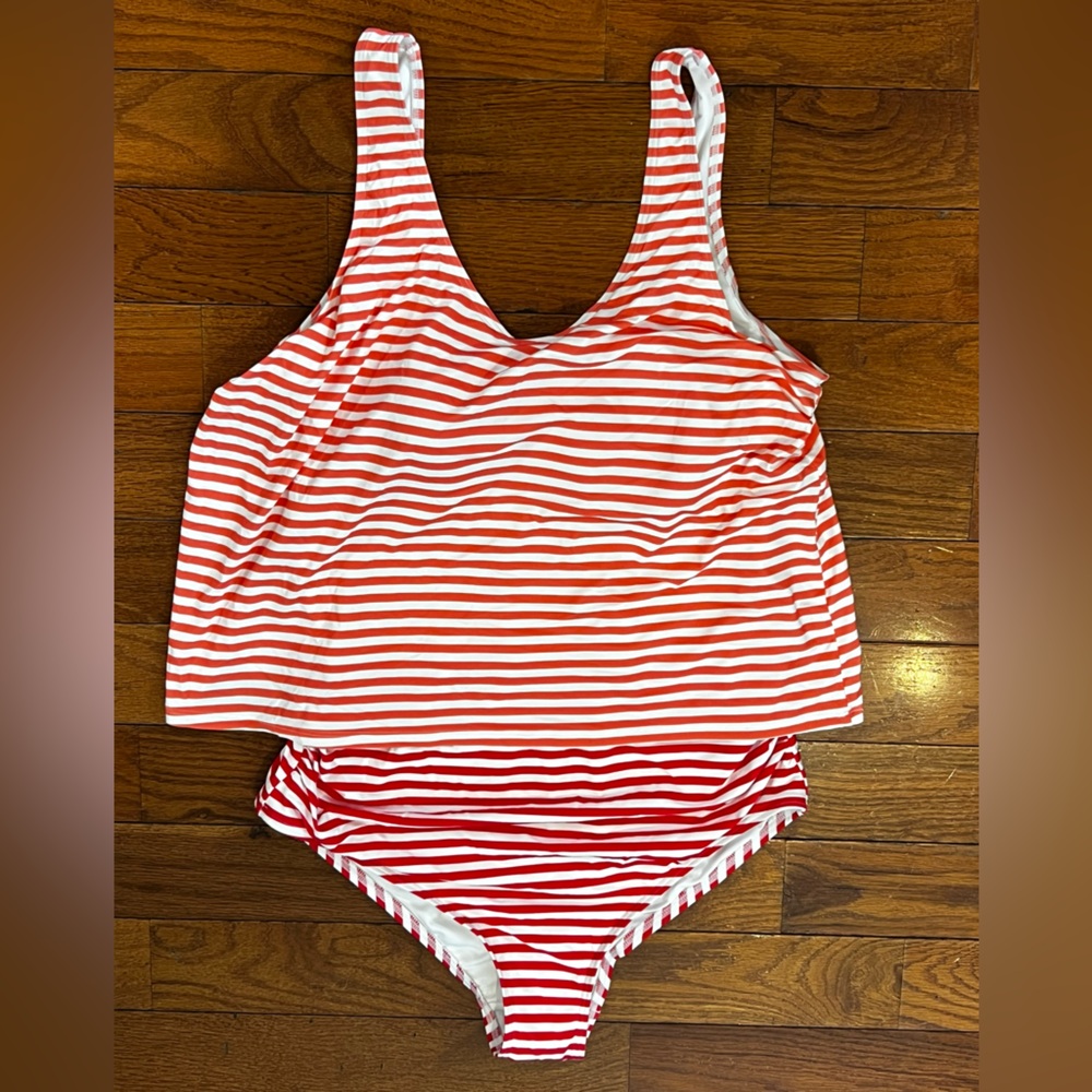 Lands' End Red and White Striped One-Piece Swimsuit